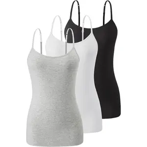 3 Pack Camisole Tops for Women Built in Bra Adjustable Strap Soft Cotton Undershirt Tanks Seamless Layering Tops in Grey White & Black Womenswear Everyday Fit Basic Minimalist Sleeveless