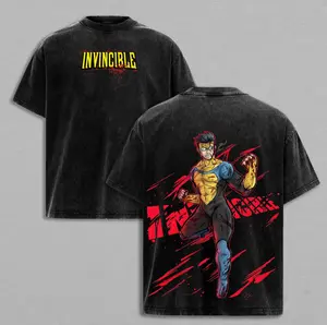 Retro Washed Invincible Mark Grayson Battle Pose T-Shirt, Double-Sided Print Unisex Streetwear Tee, Loose Fit Casual Short Sleeve for Men & Women