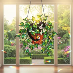 Tuxedo Cat Suncatcher: Holographic Pothos Plant Window Decor