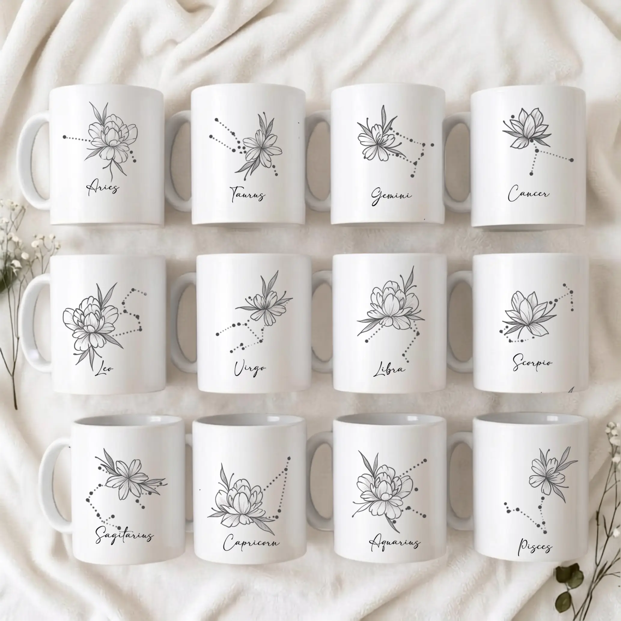 Floral Zodiac Constellation Mug - Birth Flower Astrology Mug, Horoscope Coffee Cup, Celestial Zodiac Gift, Birthday Gift for Her | GHINI