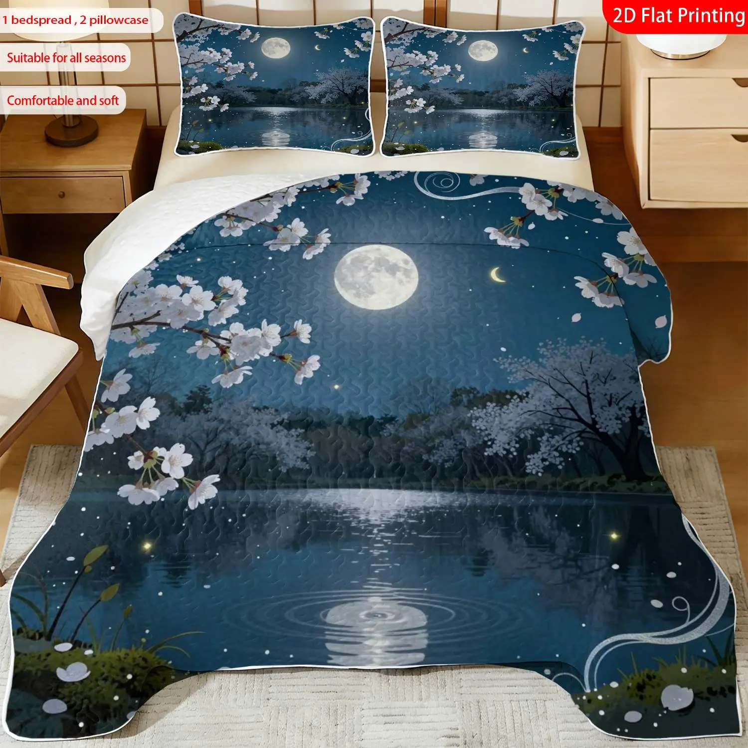 3pcs, 2D flat print Romantic Moonlit Cherry Blossom Quilted Bedspread Set multiple sizes available, bedding set, festive decorative bedding, ideal for bedroom décor(1 bedspread , 2 pillowcase)