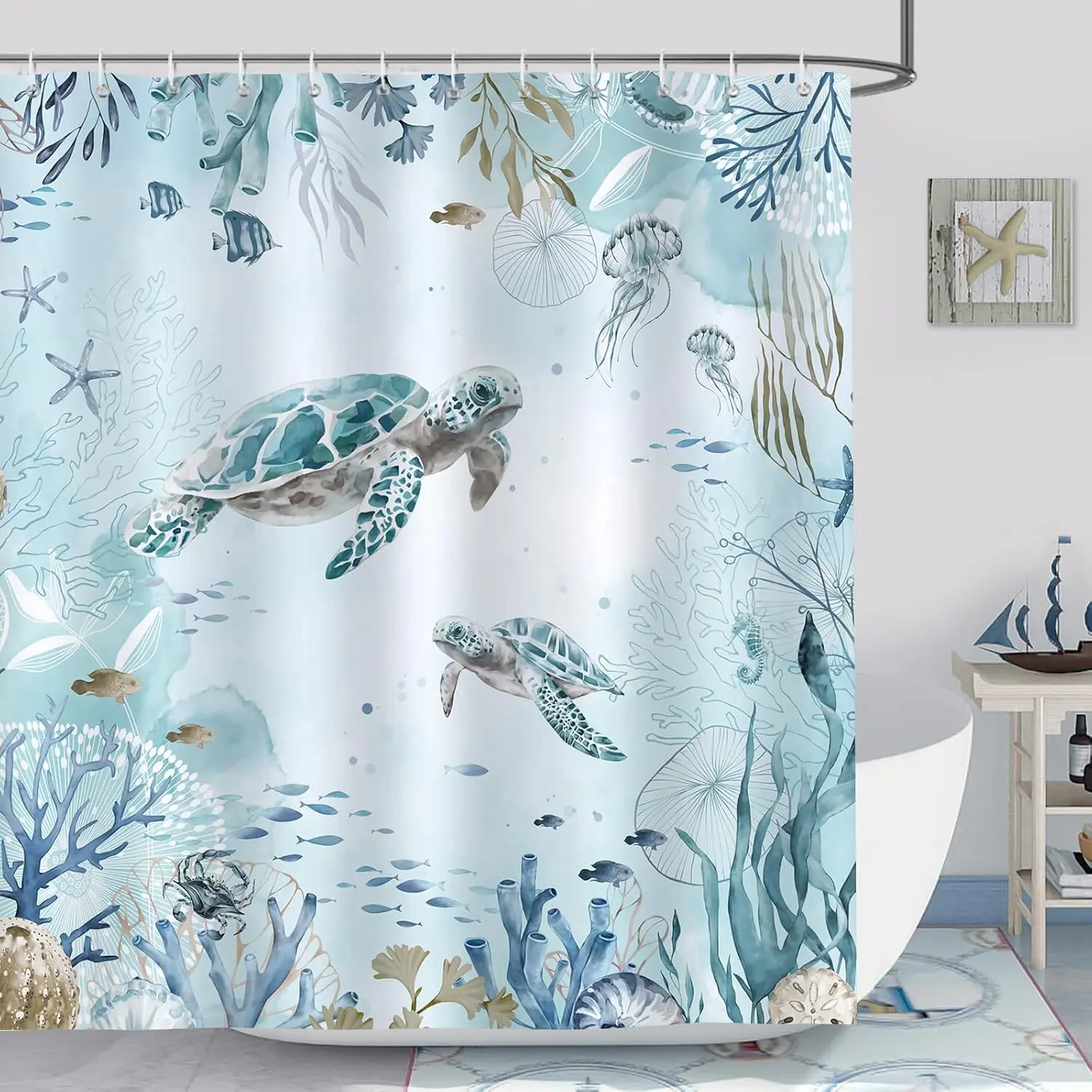 Sea Turtle Shower Curtain, Teal Blue Ocean Beach Coastal Bathroom Decor, Polyester Fabric Waterproof Bath Curtain with Hooks