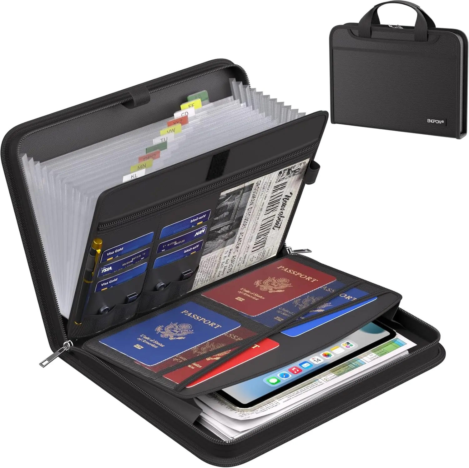 Accordion File Organizer, Fireproof Expanding File Folder with 13 Pockets Document Organizer with Handle & Labels, Portable Home Travel Safe Storage for Letter A4 Files and More, Black-ZENG