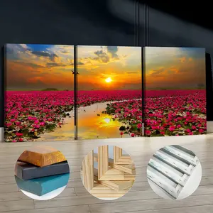 3Pcs Wooden Framed Canvas Painting, Red Lotus Sunset Landscape, Exquisite Poster, Home Decoration, Pattern Wall Art Decor, For Living Room, Bedroom, Office, Restaurant, Bar Wall Decor, Waterproof, Odorless, Painting, Print Artwork.