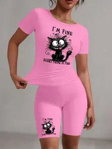 Cartoon Cat Graphic Printed Women's Short Sleeve Top & Shorts Set, Casual Comfy Round Neck Short Sleeve Tee & Skinny Shorts, Ladies Clothes for Daily Wear, 2 Pieces Women Suits Sets