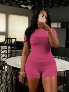 USBoutiqueCHIC Women's Navy Blue Spring Summer Slim Fit Crop Top & High-Waist Shorts 2-Piece Set 8-Color Activewear for Yoga & Casual Wear