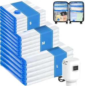 Larger & Thicker 15 Pack Vacuum Storage Bags with Electric Pump 5 Layer Thick Reusable Odor Free Space Saver for Clothes Mattress Blanket Duvets Pillows Comforters Travel Thickened PP Plastic Organizer Sample Bag Bedding Compression Room Tool