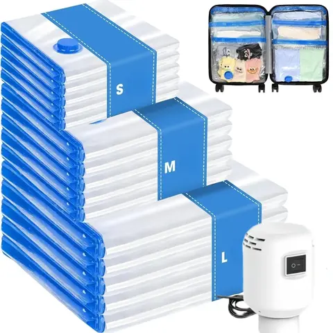 15-Pack Large Thick High-Quality Plastic Vacuum Sealer Bags with Electric Pump, 5-Layer Dustproof Adjustable Reusable PP Multifunctional Storage Solution, Airtight Zipper Seal Compressed Bags for Bulky Bedding, Travel Clothes