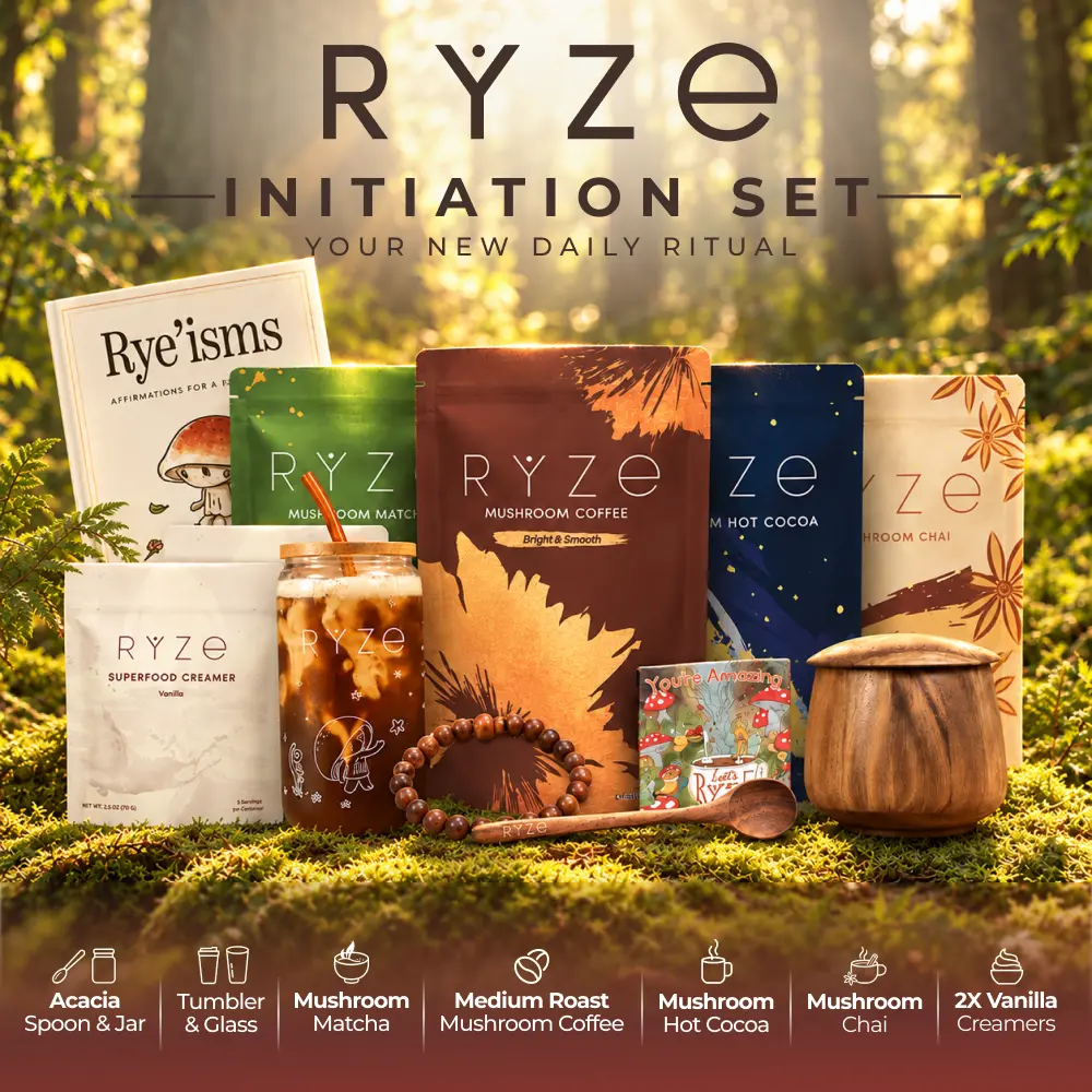 RYZE The Initiation Set | Mushroom Coffee, Matcha, Hot Cocoa & Chai Starter Kit with Creamer & Accessories