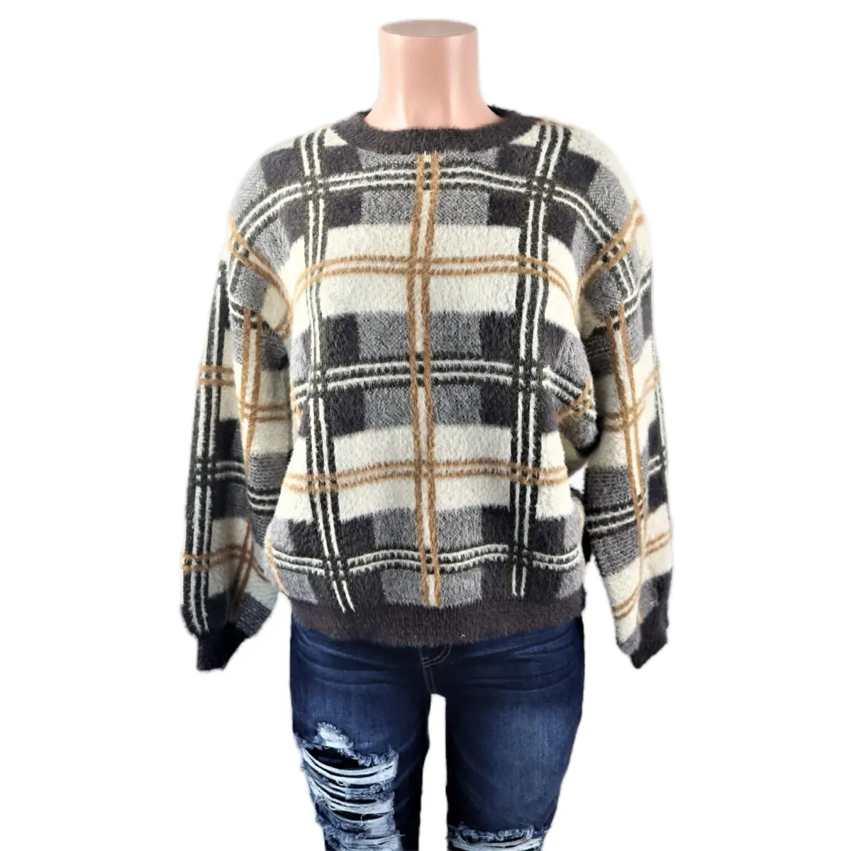 Women's Fuzzy Checkered Sweater for Winter Comfort - Chunky Plaid Long Sleeve Knitwear plush jacket tops Soft