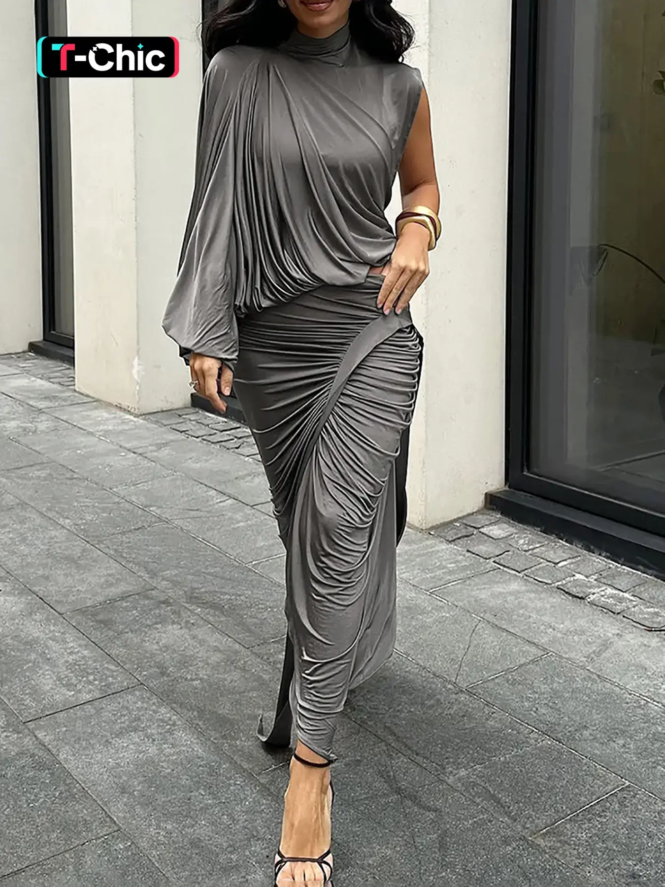 Women's Solid Slim Long Skirt 2 Piecs Set, Casual Matching Sets, French Style Half High Neck One Shoulder Long Sleeve Crop Top + Bodycon Pleated Ruched Skirt Bottoms Suit, Elegant Chic Casual Lady Clothing for Spring + Summer, Fall outfit, Womenswear