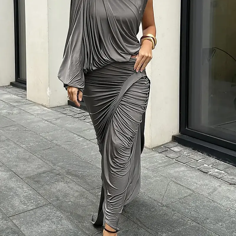 Women's Solid Slim Long Skirt 2 Piece Set, Casual Matching Sets, French Style Half High Neck One Shoulder Long Sleeve Crop Top, Bodycon Pleated Ruched Skirt Bottoms Suit, Casual Lady Clothing for Spring, Summer, Womenswear, Top and Skirt Set