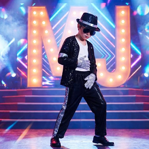 Boys' 80s-90s Pop Dance Costume Full Set - Polyester Sequins Criss Cross Striped T-Shirt & Pants, Sunglasses Included, Costumes with Accessories for Halloween, Cosplay Gear, 4-5/13-14Y Halloween Aesthetic Outfit