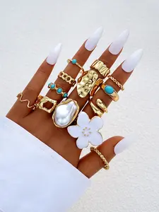 13-Piece Women's Fashion Stackable Rings Set, Vintage Chunky Boho Turquoise Pearl Flower Design, Perfect for Daily Wear and Gifts