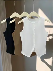 Women's Plain Round Neck Button Front Sleeveless Vest, Asymmetrical Hem Commuter Daily Wear, Casual Fashion Top for Spring & Fall