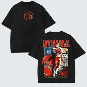 Limited Retro Omni Man Invincible Comic Cover Washed T Shirt Oversized Vintage Unisex Superhero Graphic Tee Double Printed Heavyweight Cotton Streetwear Shirt for Invincible Fans Comic Book Lovers and Collectors HVN