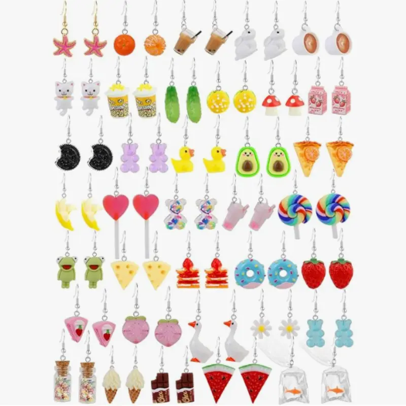 36 Pairs of Cute Cartoon Earrings Resin Fruit Animal Pendants Girly Fun Earrings Set and Interesting Jewelry