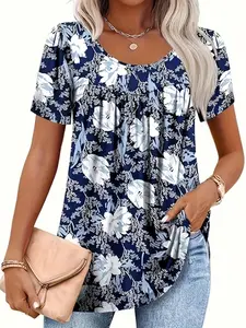 Women's Elegant Floral Print Shirt, Short Sleeve Round Neck Summer Top, Blue Pattern Design, Casual Formal Wear, Womenswear