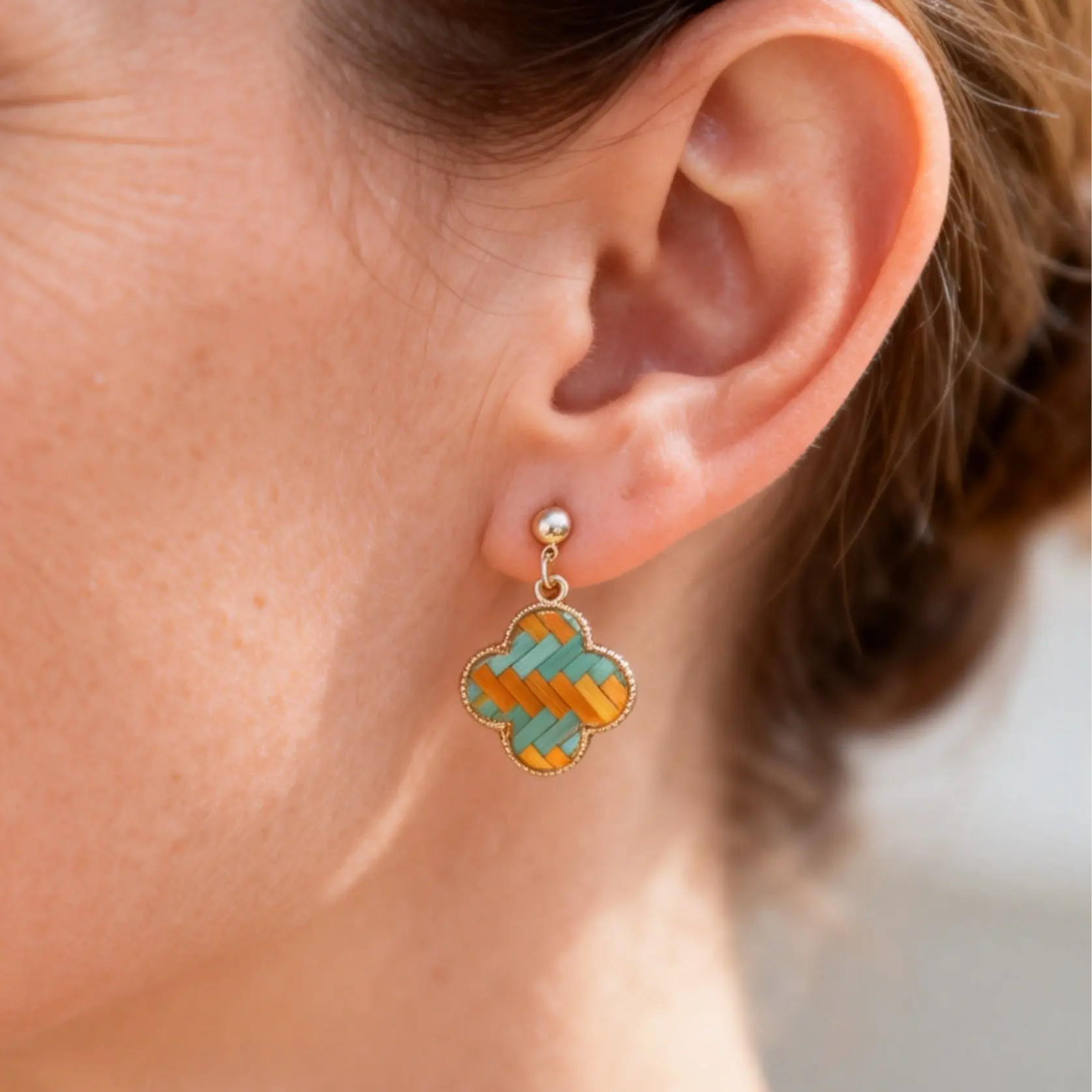 Bamboo Woven Clover Drop Earrings ER-C, Vintage Lucky Weave Design, Hypoallergenic Metal Posts, Hand-Split Natural Bamboo Strips, Luxury Elegant Gift for Mom jewellery
