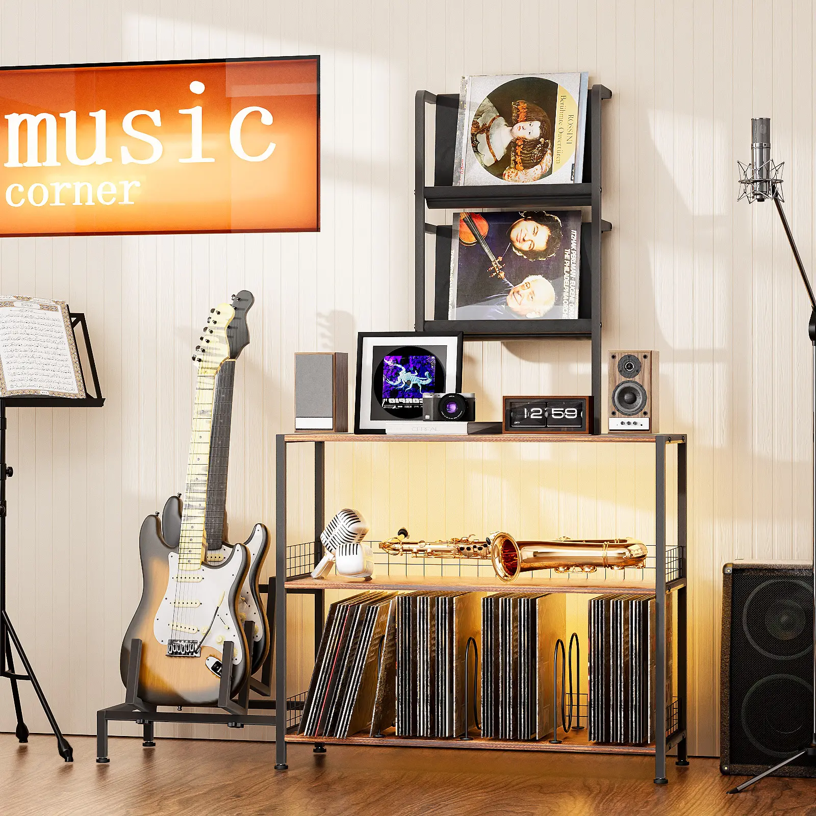 Vinyl Record Player Stand with Guitar Stand & RGB LED Light Media Storage Cabinet for Bedroom Study Office Living Room 300+ Albums Capacity Music Rack