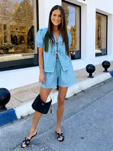 Women's Plaid Vacation Casual Short Fitted Set, Soft and Comfortable Fabric, Perfect for Relaxing Holidays, Stylish and Cozy, Matching Lounge Sets