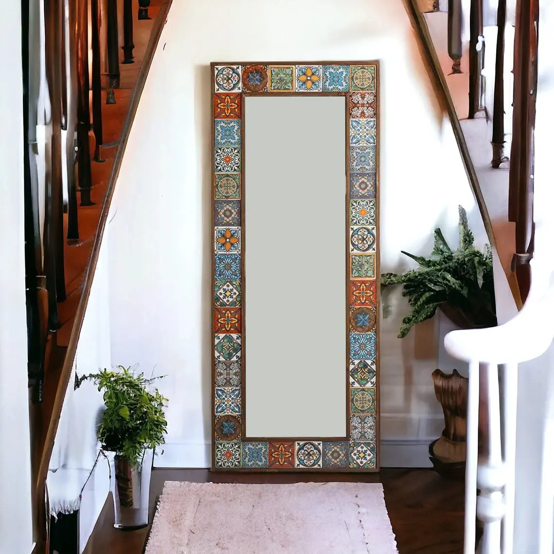 Turkish Handcrafted Tile Stone Full Length Mirror - Decorative Multicolor Bohemian Wall Hanging Mirror - Living Room Decor Ceramic Traditional