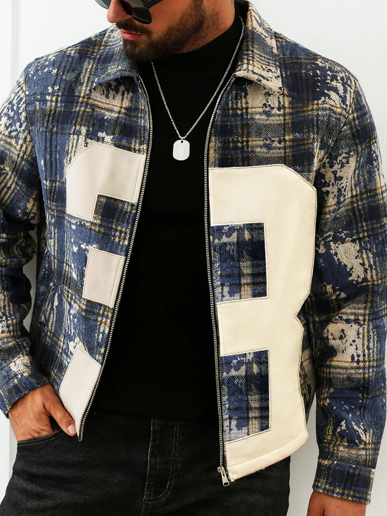 Men's Trendy Street Style Distressed Plaid Patchwork Jacket, Casual Button Collar, Unique Texture, Perfect for Daily Leisure & City Walks