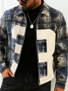 Men's Trendy Street Style Distressed Plaid Patchwork Jacket, Casual Button Collar, Unique Texture, Perfect for Daily Leisure & City Walks