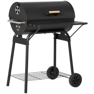 Outsunny 30" Portable Barrel Charcoal BBQ Grill, Steel Outdoor Barbecue Smoker with 370 Square Inches Cooking Space, Storage Shelf, Wheels for Garden Camping Picnic, Black