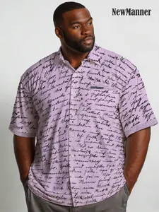 Men's Light Handwritten Full Print Short Sleeve Shirt, Summer Casual Loose Fit Collared Top, Asymmetrical Design, All Seasons