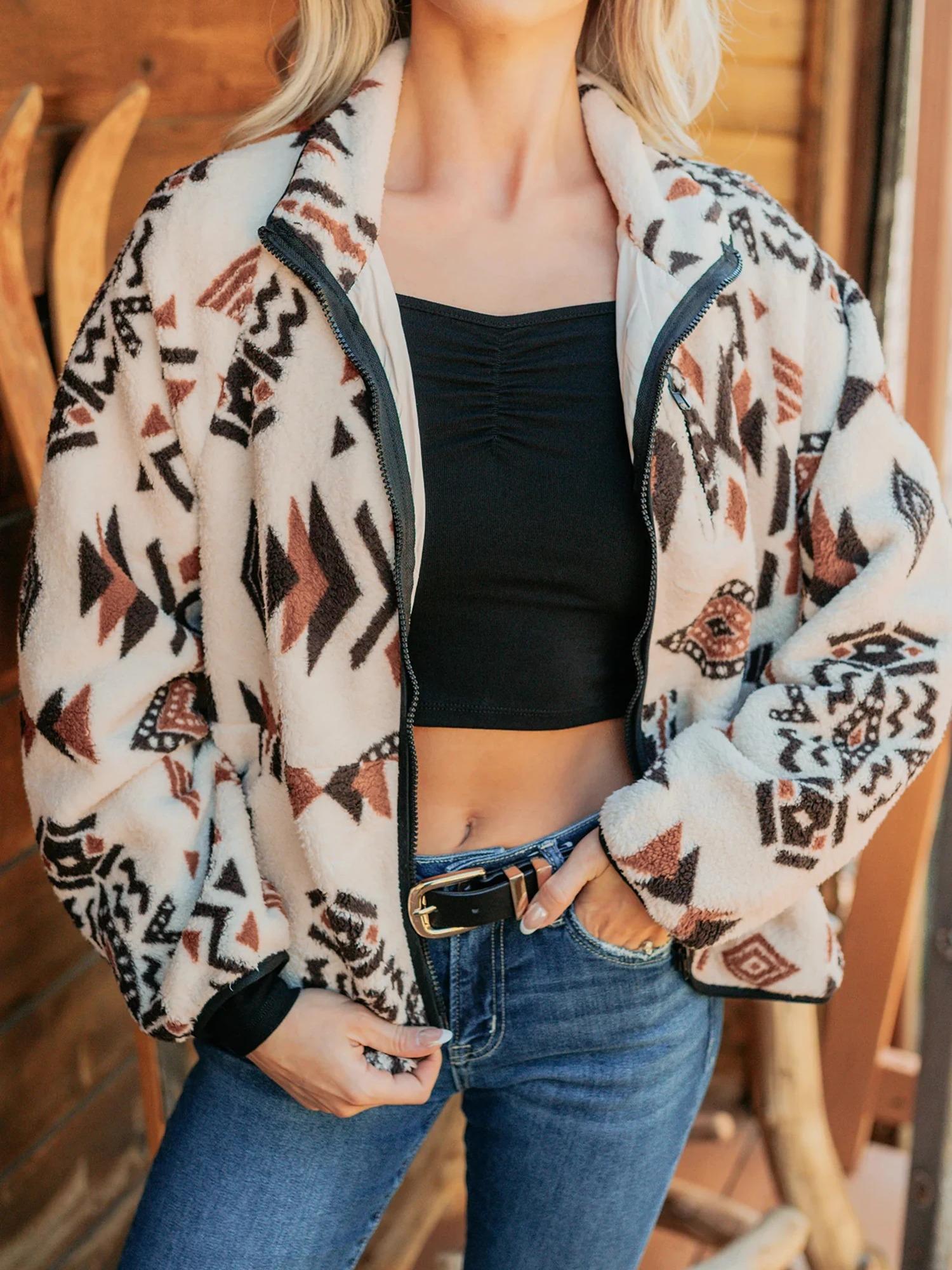 Women’s Aztec Geometric Print Soft Comfortable Fleece Fabric Long-Sleeve Full-Zip Collared Jacket with Binding Trim, Relaxed Fit Casual Tops Outerwear for Fall, Winter