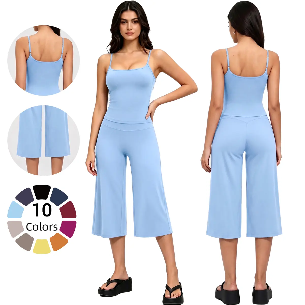 Women 2 Piece Workout Set Adjustable Spaghetti Straps Tank Top and High Waist Active Wide Leg Capri Pants Yoga Outfits