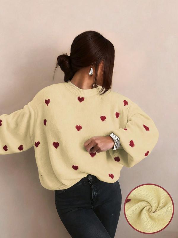 Women's All Over Heart Print Drop Shoulder Sweater, Casual Long Sleeve Round Neck Jumper for Fall & Winter, Fashion Ladies' Knitwear for Daily Wear