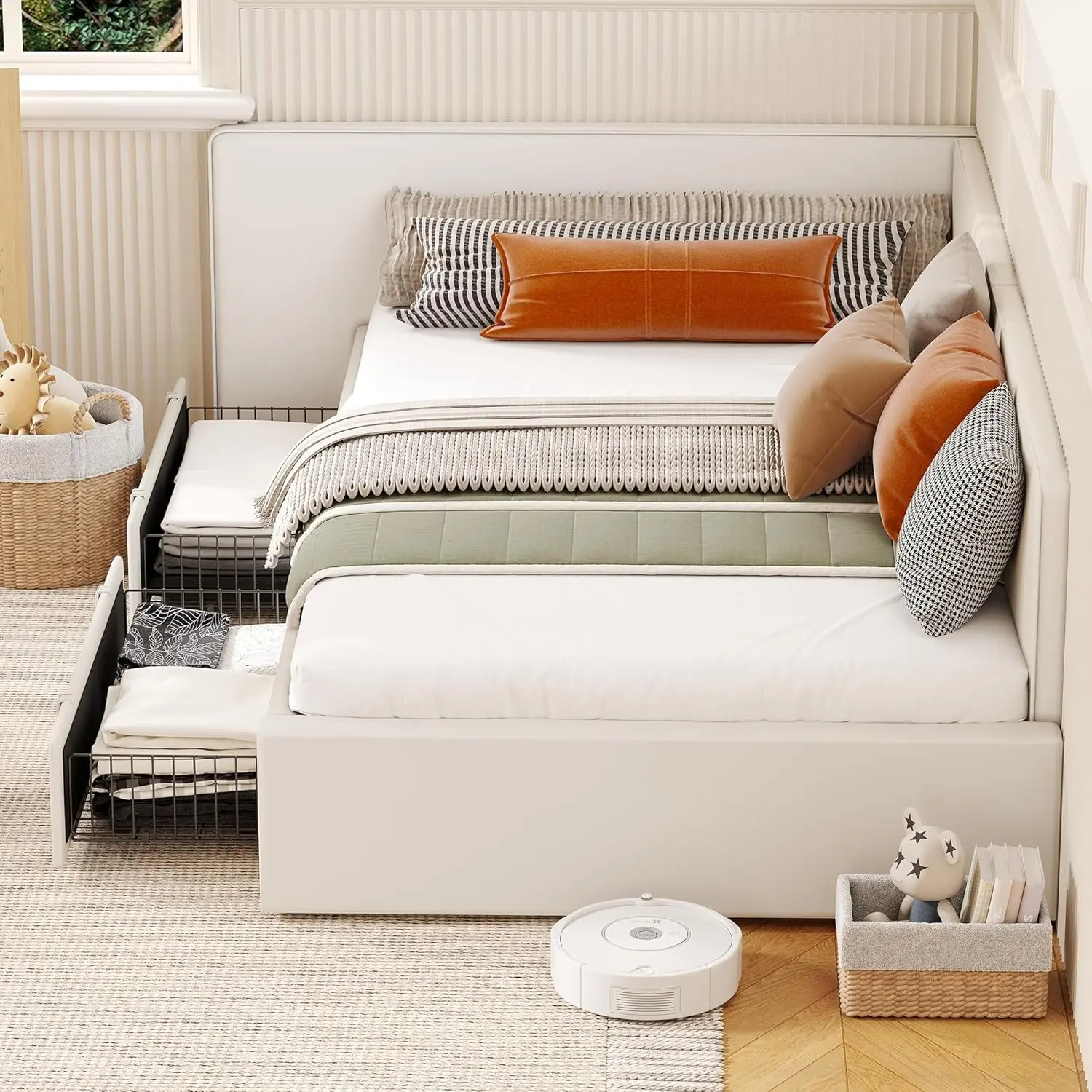 GAOMON Twin Daybed with 2 Storage Drawers, Corner Bed Frame with Extended Headboard and Bed Rails, Velvet Upholstered Sofa Bed with Guardrail for Bedroom, Guest Room, Adjustable Installation, Beige