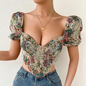 Vintage Courtly Boned Cami with Puff Sleeves – Sexy Backless Crop Top for Unique Style Corset Shirts Womenswear Blouse Apricot Chic