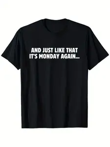 Monday's humorous T-shirt-Monday again... white font in black, light washable, casual short-sleeved T-shirt for men and women, suitable for casual wear, sports and outdoor activiti, for workers, party look, for adults, Halloween