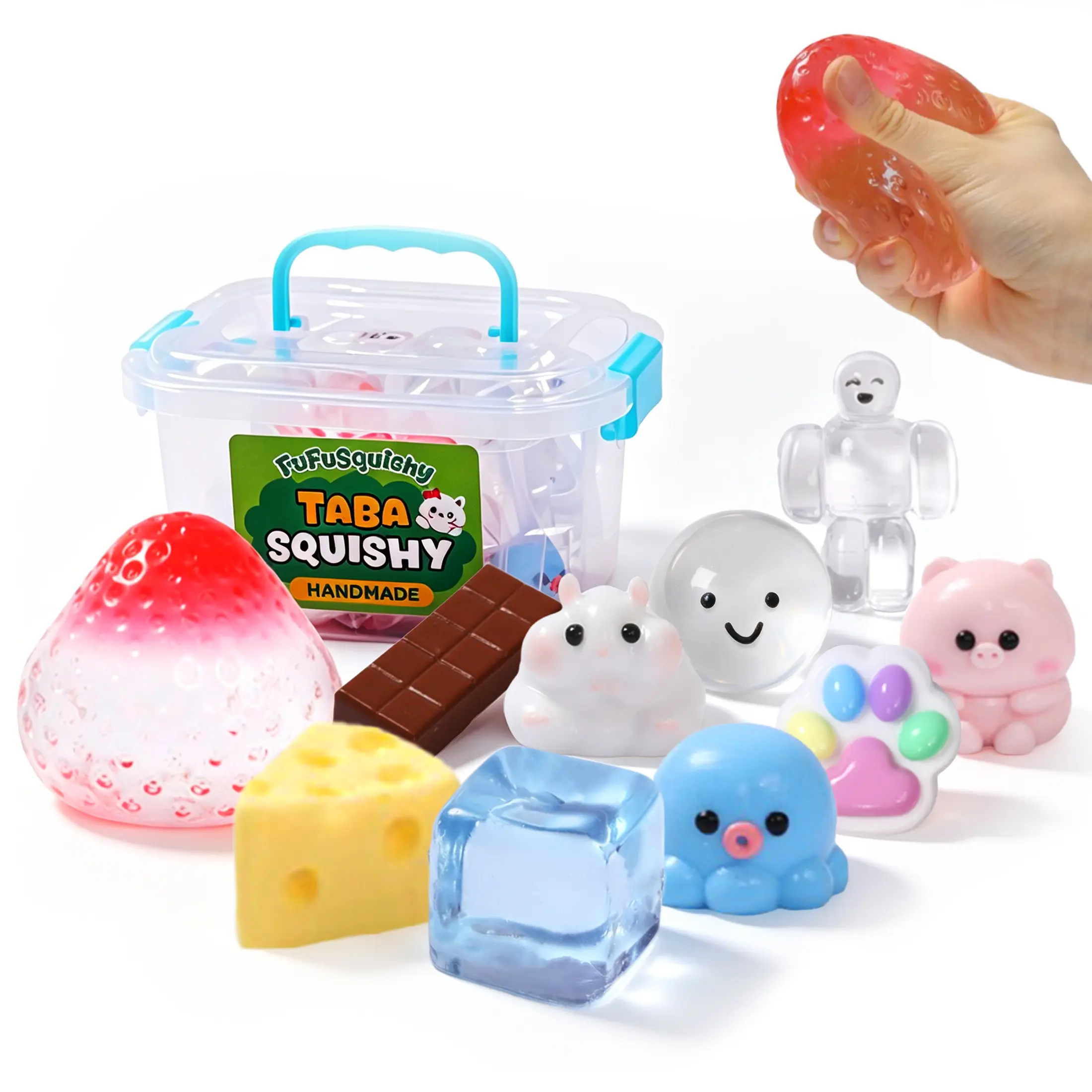 FUFUSQUISHY 10 Pack Taba Squishy Set, 1 Regular Size & 9 Mini Handmade Silicone Squishies, Kawaii Food & Animal Mix with Storage Box