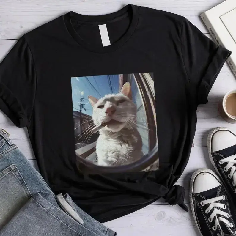 Smoking Cat, Stylish Cat T-Shirt, Gen Z Fashion, Trendy Cat Shirt, Cool Cat Streetwear, Youth Style Cat Top, Meme Tee, Adult funny T-shirt, Gift for Woman and Man