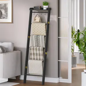 Blanket Ladder Shelf, Decorative Quilt Rack, Tier Farmhouse Ladder Holder Organizer with Removable Hooks
