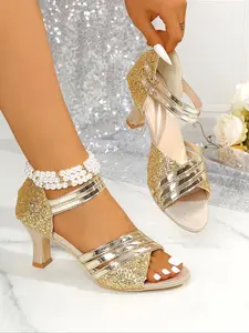 Women's Sequins Toe-Open High Heels, Sparkling Buckle Strap Glitter Decorated Sandals, Multi-Band Chunky Sole Shoes for Parties and Weddings, Party Footwear
