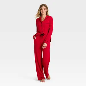 Women's Cloud Knit Modal Long Sleeve Notch Collar Top and Pants Pajama Set - Auden Red XS