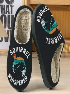 Vintage Squirrel Whisperer Cotton Slippers, Base with Retro Distressed Design, Soft Plush Lining, Casual Home Wear for Fall & Winter