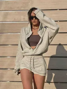 Women's Two-Piece Hooded Sweatshirt Set, Drawstring Zipper Long Sleeve Top, Elastic Waist Short Skirt Pants, Casual Fall