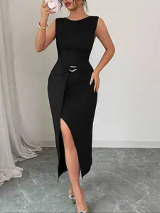 Women's Summer Elegant Chic Sleeveless Slit Dress, Simple Design, Bodycon Cut, Perfect for Spring/autumn Commuting or Casual Occasions