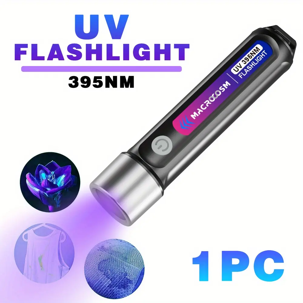 Unisex Handheld Grip 395nm UV LED Flashlight - Portable Size, Battery-Powered Utility Tool, USB Rechargeable, Lithium Batteries Packed Separately, Scorpion Finder for Hotel Inspections, Camping