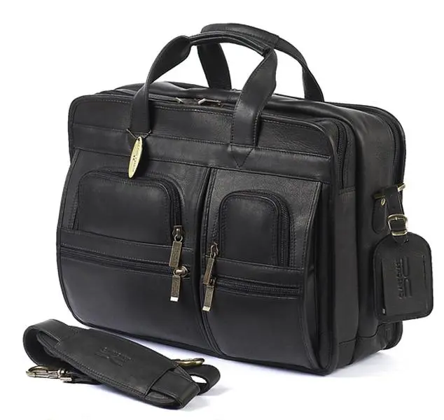 Claire Chase Briefcase Men's Business Leather, 17" Laptop Bag, Top-Grain Cowhide, Adjustable Shoulder Strap, Zip Closure, Pullman Pass-Through, Shock Absorbing Sling System, Multiple Pockets, Black, Satin Lined