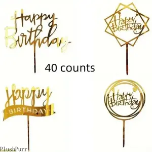 Golden Birthday Cake Topper Set - 40 Glitter Paper Accessories with Unique, Creative, Diverse Designs for Premier League Fan Party Baking Decorations outdoorfun