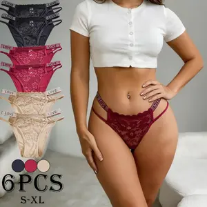 6pcs Sexy Lace Women’s Panties with Wavy Edges, Rhinestones “Love” Lettering, for Moms, Everyday Triangle Style