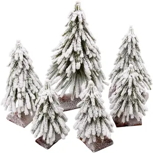 6pcs Mini Christmas Tree Small Christmas Tree Artificial Separate Tabletop Trees with Spray Snow Wooden Bases for Winter Village Decorations Home Kitchen