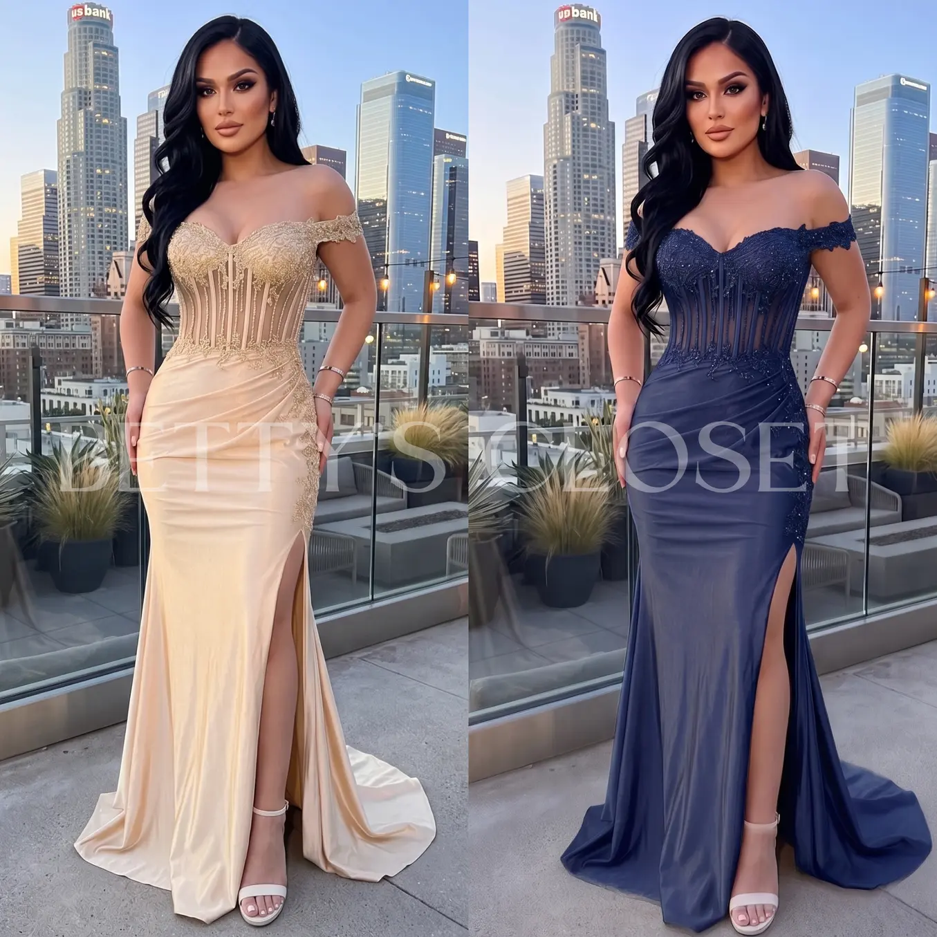 Marisol Off Shoulder Embroidered Gown w/ Rhinestones